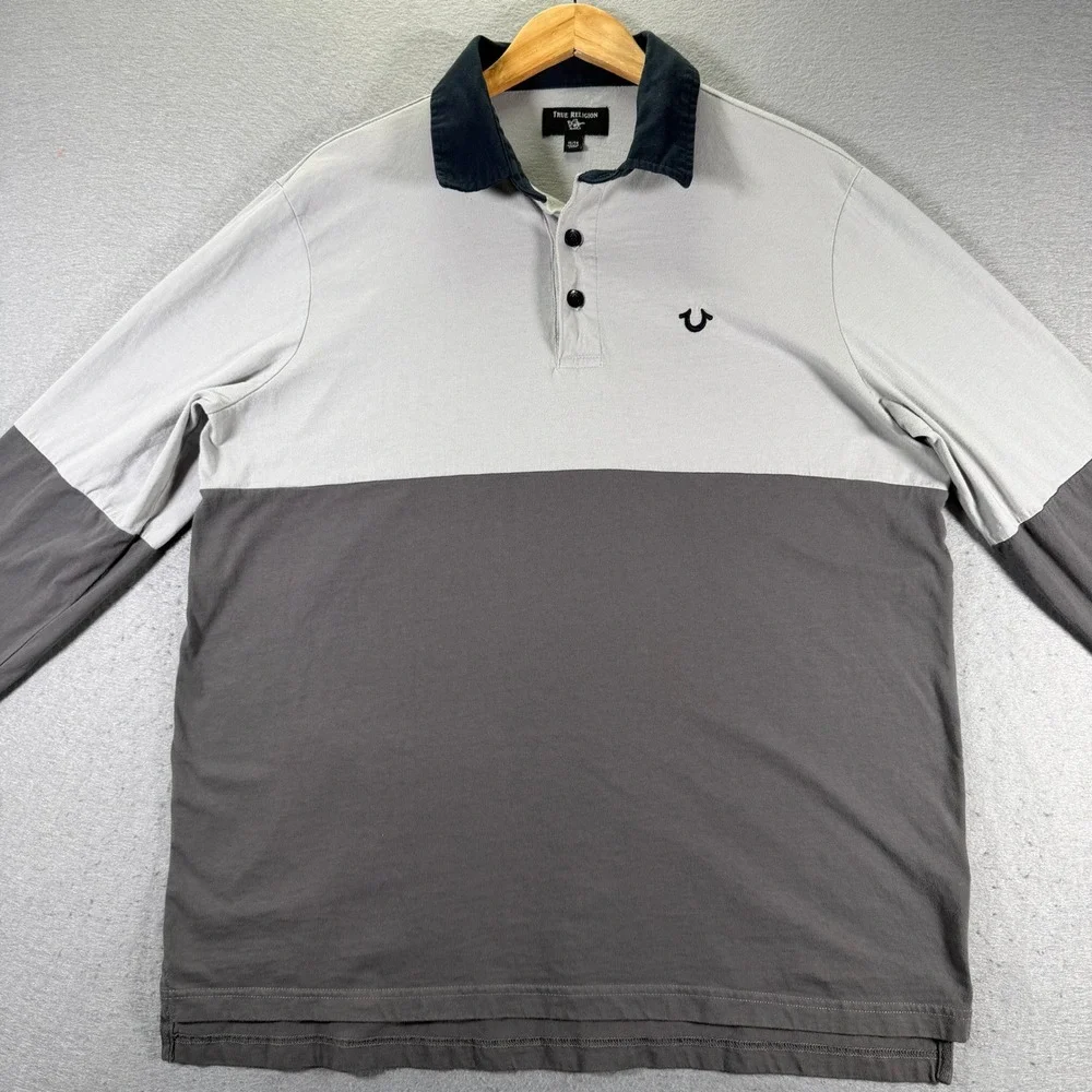 True Religion Colorblock Long‎ Sleeve Rugby Shirt Men's XL Tall Gray White Logo